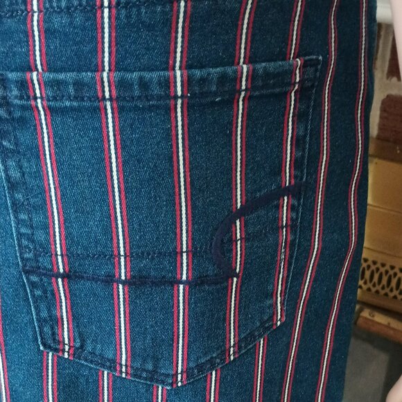 American Eagle Striped Mini Skirt 6 Red White Blue Super Stretch Denim Cut Off - Picture 8 of 12